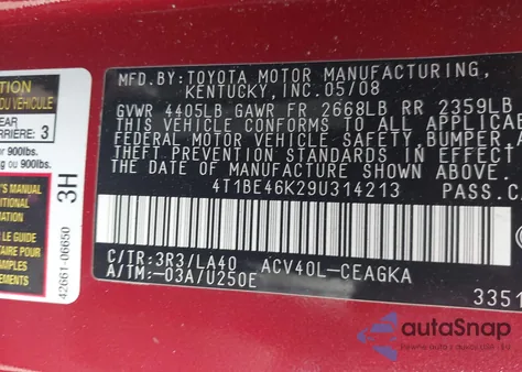 2009 Toyota Camry Xle z USA, uszkodzony, nr VIN 4T1BE46K29U314213